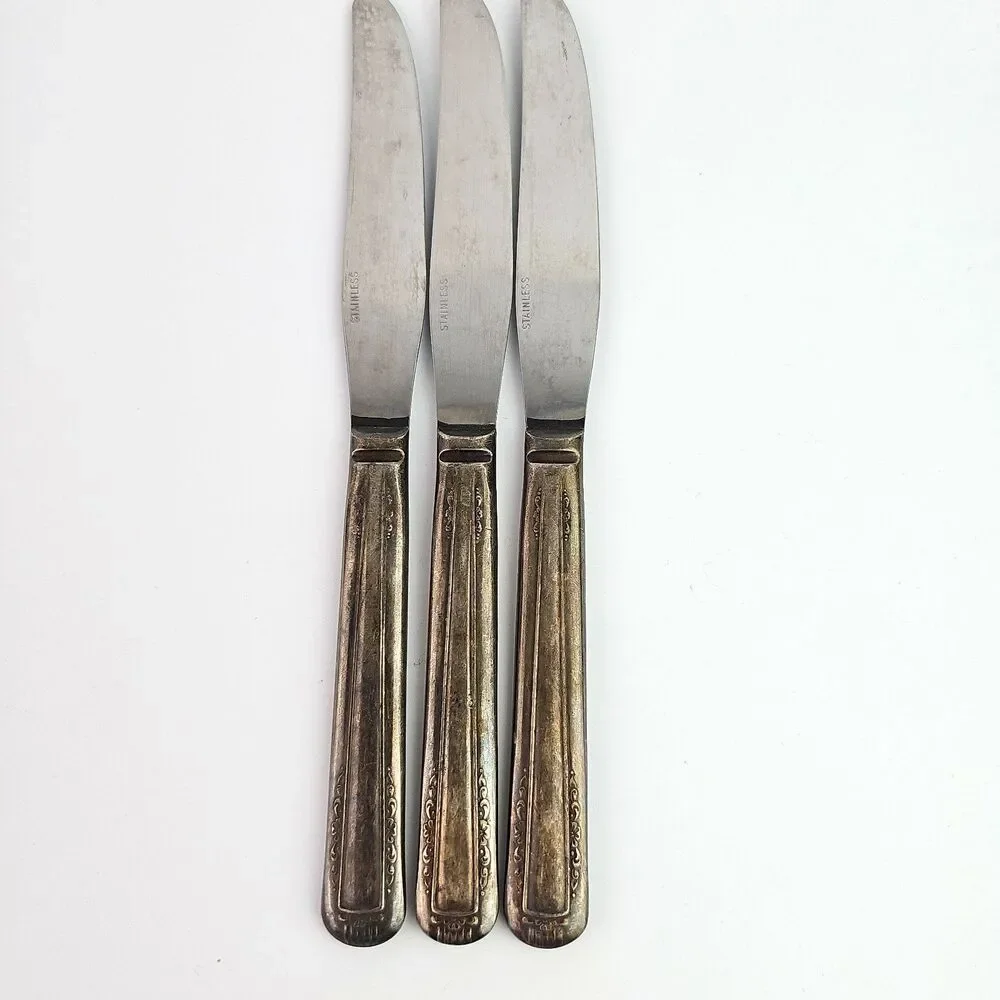 Vintage Silverplate Knife Set of 3 Vertical Ridge Engrave Flowers Vines